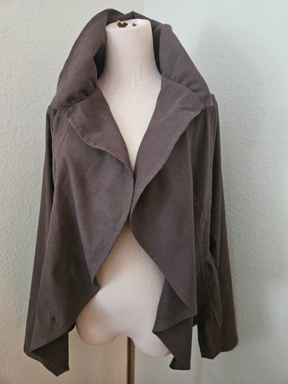 FAVLUX Hooded Draped Open Front Jacket Asymmetrical Lightweight Brown Gray